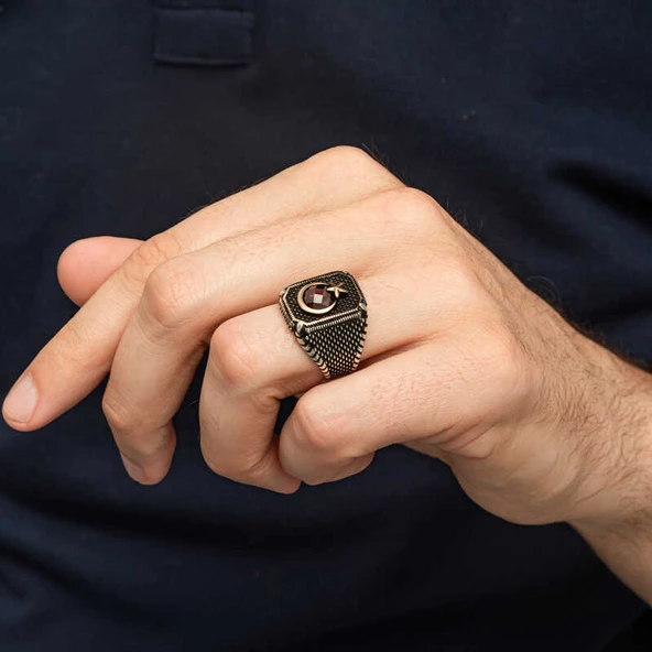 Gümüş Kırmızı Taşlı Ay Yıldız Erkek Yüzük SL12272 - Resim 4