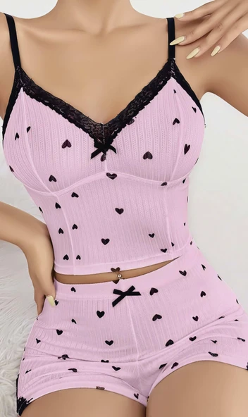 Kadın Pembe Kalp Desenli Askılı Şortlu Pijama Takım 5013 - Resim 2