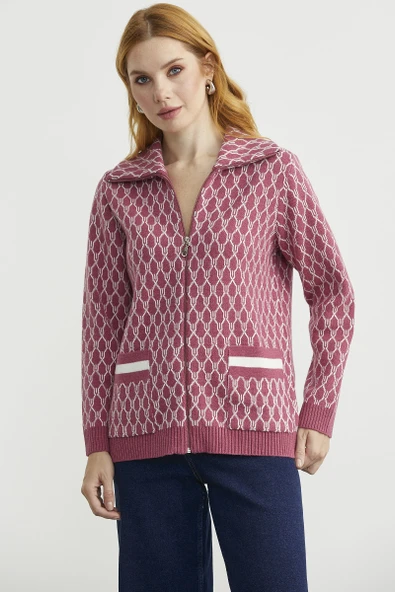 Çift Renk Kalın Yünlü Triko Hırka - Gül - Resim 4