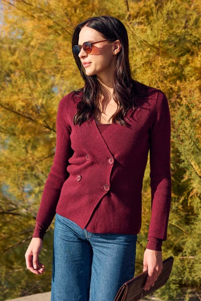 Maskülen Kruvaze Triko Ceket - Bordo ürün görseli 1