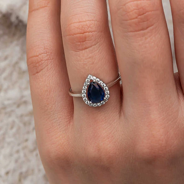 Gümüş Damla Safir Taşlı Kadın Yüzük  SL12643 - Resim 7