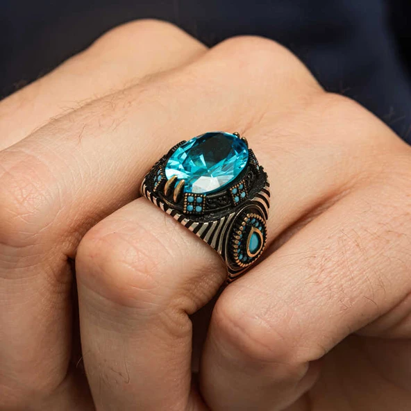 Gümüş Mavi Fasetli Taşlı Erkek Yüzük SL12416 - Resim 2