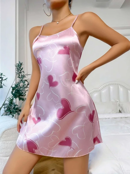 Kadın Pembe Saten Askılı fuşya kalp Desen baskılı Gecelik 2217 - Resim 2