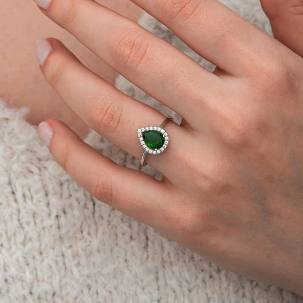 Gümüş Damla Zümrüt Taşlı Kadın Yüzük SL12650 - Resim 9