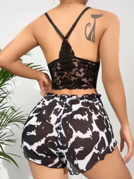 Kadın Siyah Leopar desenli Dantel detaylı Şortlu Gecelik Pijama Takımı 5055 - Resim 2