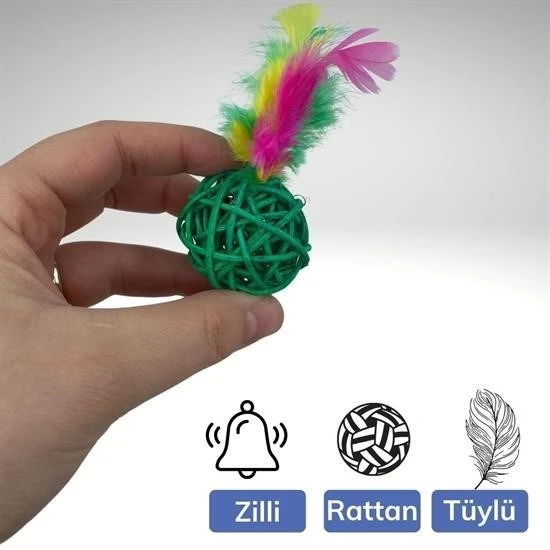 OLLEVRA 2li Rattan Renkli Peluş Tüy Kedi Köpek Oyuncak Yakalama Çiğneme Çıngıraklı Top Oyuncağı - Resim 2