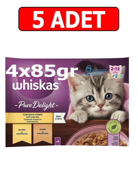 Whiskas junior kitten pure delight pouch kedi yaş mama(4x85gr)5adet kümes hayvanlı tavuk hindi jöle ürün görseli