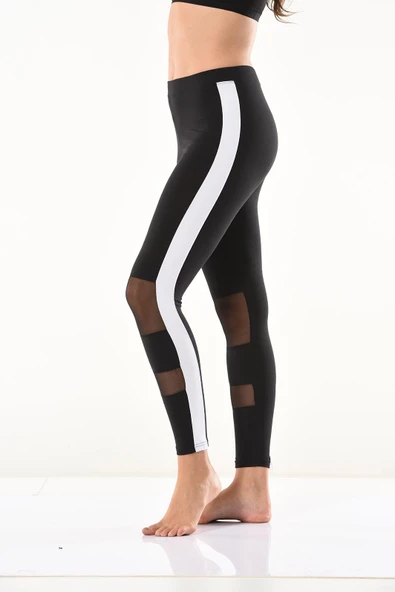 Derya Kurşun Transparan Detaylı Şeritli Kadın Tayt 0587 ürün görseli