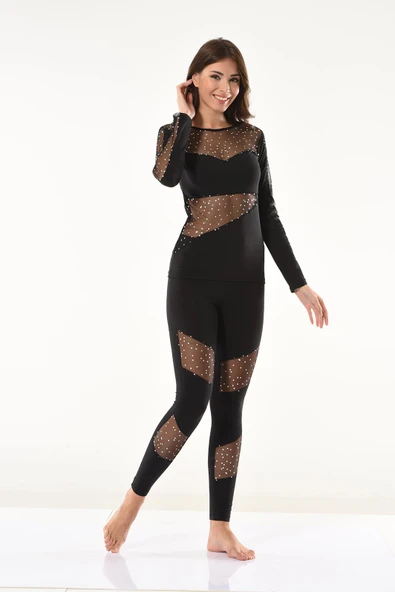 Derya Kurşun Puanlı Transparan Detaylı Kadın Tayt Takım 1131 - 4