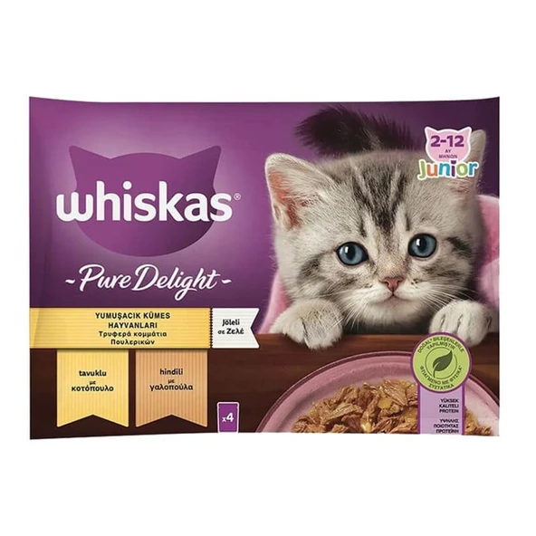 Whiskas junior kitten pure delight pouch kedi yaş mama(4x85gr)5adet kümes hayvanlı tavuk hindi jöle - Resim 2