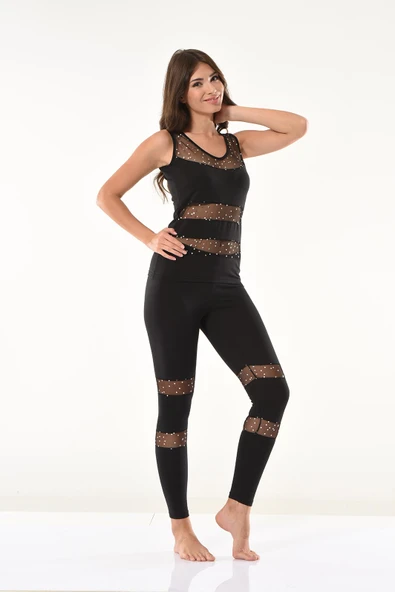 Derya Kurşun Puantiyeli Transparan Tayt Takım 1504 - Resim 3