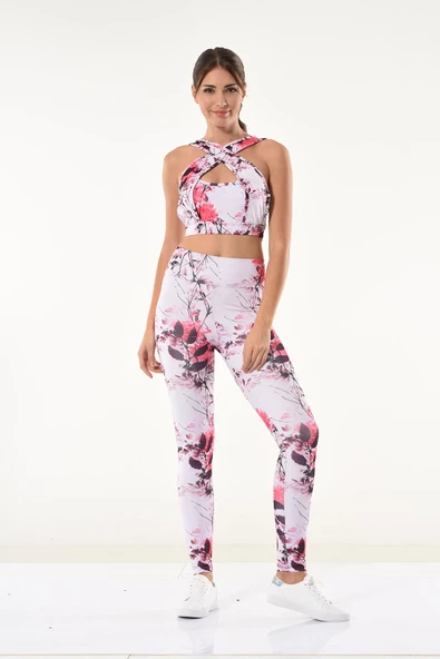 Derya Kurşun Kadın Çiçek Desenli Büstiyer Tayt Takım 530 - Resim 5