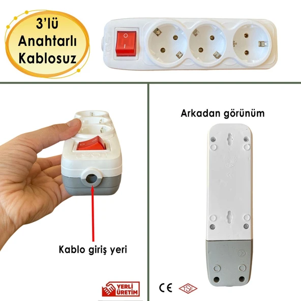 Grup Priz 3'lü Anahtarlı Kablosuz Topraklı Başlık Klemensli Çoğaltma Üçlü Piriz ürün görseli 1