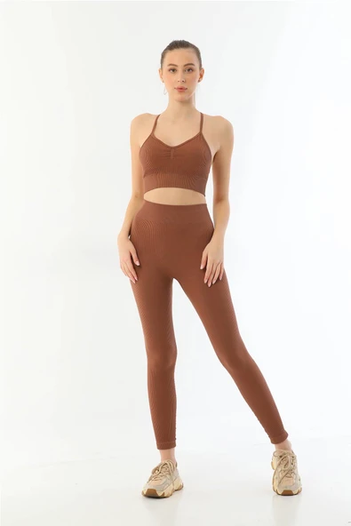 KAHVE MI Emay 3921 Soft Seamless Ripli Tayt Yoga Takımı ürün görseli 1