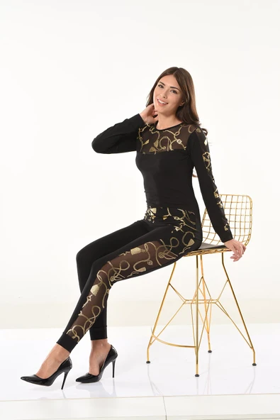 Derya Kurşun Varaklı Transparan Detaylı Tayt Takım 1130 - Resim 4