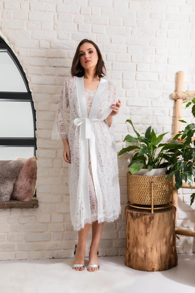 GELİN SET TRANSPARAN MİDİ BOY KUŞAKLI SABAHLIK EKRU (MGP12176) ürün görseli