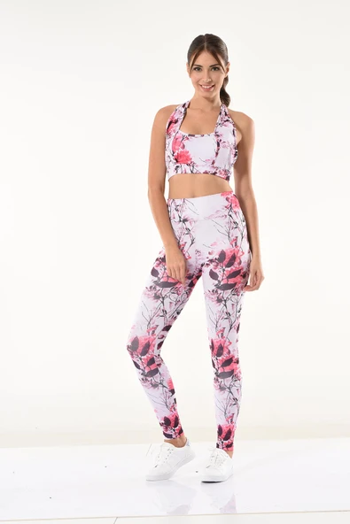 Derya Kurşun Kadın Çiçek Desenli Büstiyer Tayt Takım 530 - Resim 3