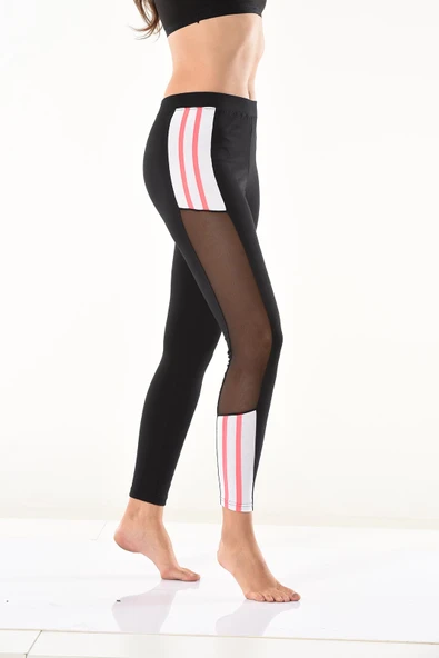 Derya Kurşun Transparan Detaylı Şeritli Kadın Tayt 0584 - Resim 2