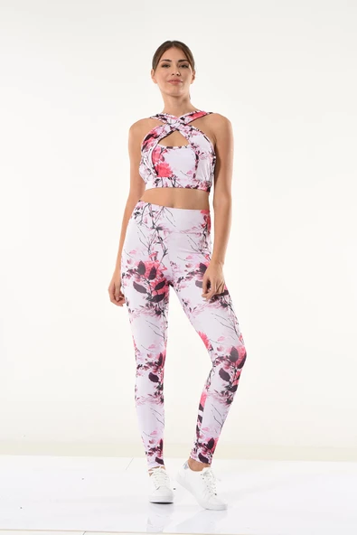 Derya Kurşun Kadın Çiçek Desenli Büstiyer Tayt Takım 530 - Resim 4