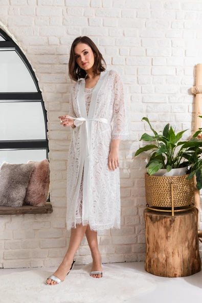 GELİN SET TRANSPARAN MİDİ BOY KUŞAKLI SABAHLIK EKRU (MGP12176) - Resim 2