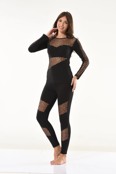 Derya Kurşun Puanlı Transparan Detaylı Kadın Tayt Takım 1131 - 3