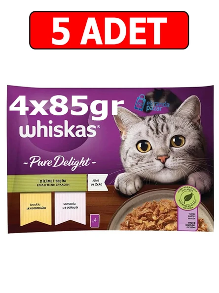 whiskas pure delight tavuklu somonlu kedi yaş mama (4x85gr) 5adet dilimli seçim kedi konserve jöleli ürün görseli 1