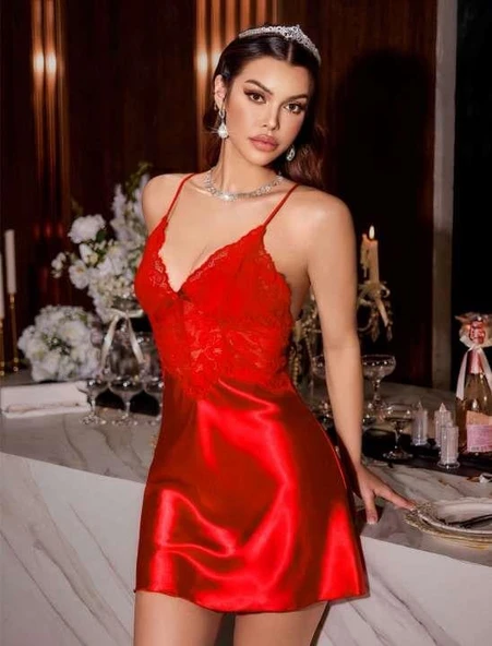 Litae Kırmızı Dantel İşlemeli İnce Askılı Sırt Dekolteli Saten Mini Gecelik ürün görseli 1