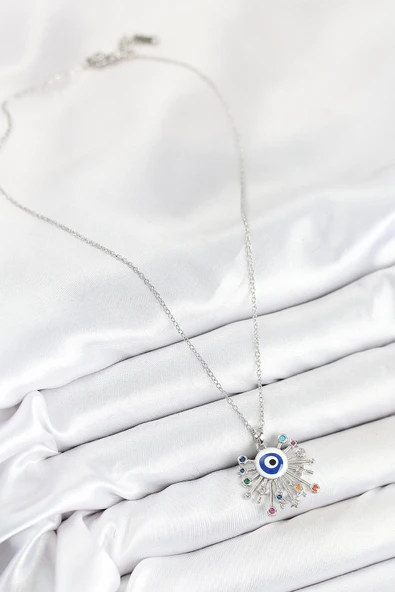 316L Çelik Zirkon Taşlı Nazar Model Gümüş Renk Kadın Kolye - TJ-BKO10543 - Resim 2