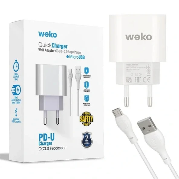 Weko Wk-21441 Pdu Qc 3.0 Amper Telefon Şarj Adaptörü + Micro Usb Kablo ürün görseli 1