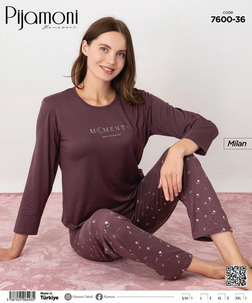 Pijamoni Kadın Milan Bisiklet Yaka Uzun Kol İnce Pijama Takımı 7600/36 - 1 Adet  S - M Mürdüm - Resim 2