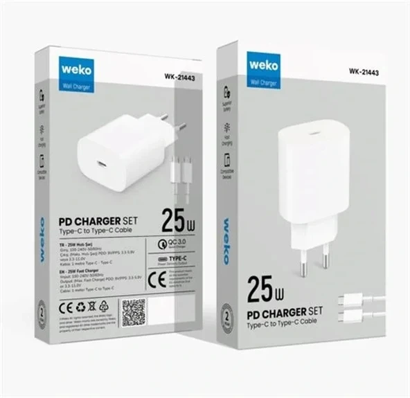 Weko Wk-27878 Note10 Beyaz 25 Watt Şarj Başlık Adaptörü + Type-c To Type-c Kablo