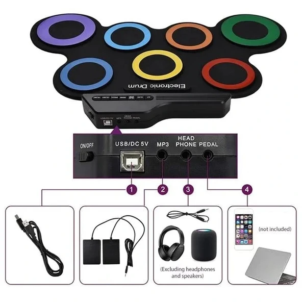 Magicvoice G3002r 7 Ped Gökkuşağı Renkli Elektronik Roll Up Davul Kiti - Resim 2