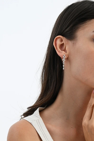 Gümüş rodyumlu zirkon taşlı inci yağmuru küpe SGTL13027RODAJ - Resim 4