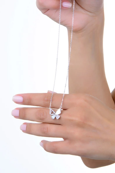 Gümüş rodyumlu zirkon ve sedef taşlı gizemli kelebek kolye SGTL12966RODAJ - Resim 3