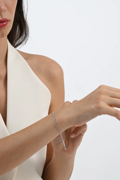 Gümüş rodyumlu zirkon taşlı pırlanta montürlü su yolu asansörlü  bileklik SGTL12731RODAJ - Resim 5