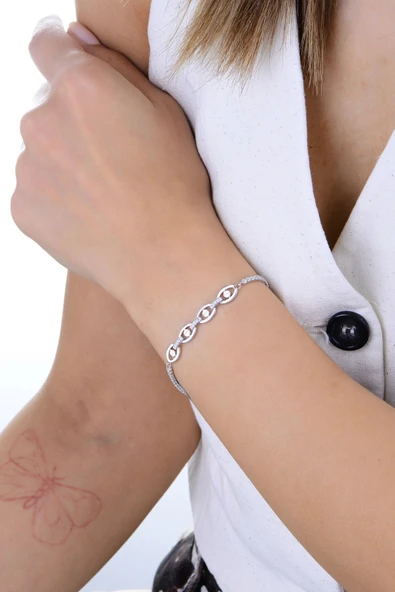 Gümüş rodyumlu pırlanta modeli zirkon taşlı çivi desenli oval su yolu bileklik SGTL12908RODAJ - Resim 3