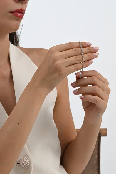 Gümüş rodyumlu zirkon taşlı pırlanta montürlü su yolu asansörlü  bileklik SGTL12731RODAJ - Resim 7