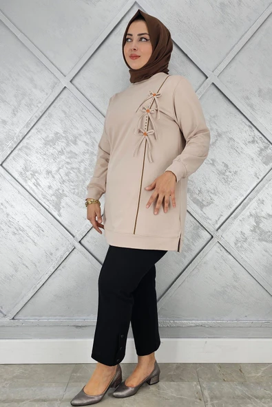 KADIN DÜĞME TAŞ DETAYLI BİYELİ TESETTÜR TUNİK ürün görseli