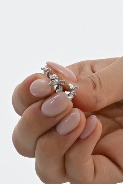 Gümüş rodyumlu zirkon taşlı incili yaprak fiyonk ve mini yapraktan oluşan kombin küpe  SGTL13030RODAJ - Resim 2