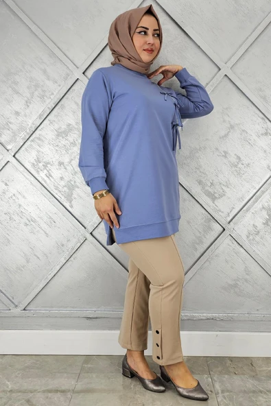 KADIN DÜĞME TAŞ DETAYLI BİYELİ TESETTÜR TUNİK - Resim 5