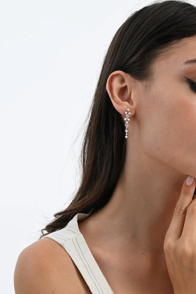 Gümüş rodyumlu zirkon taşlı inci yağmuru küpe SGTL13027RODAJ - Resim 3