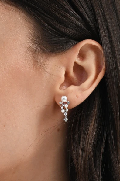 Gümüş rodyumlu zirkon taşlı incili salkım modeli küpe SGTL13026RODAJ ürün görseli