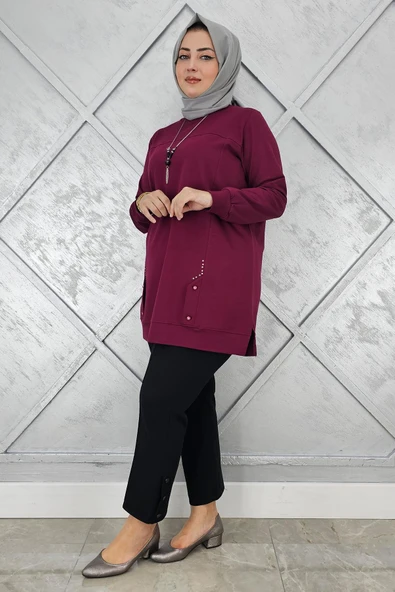 KADIN KOLYE DETAYLI TAŞLI TESETTÜR TUNİK - 2