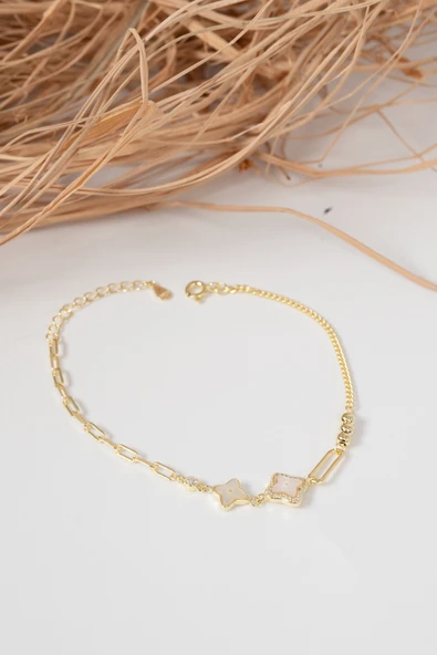 925 ayar gümüş altın yaldızlı ataç zincir detaylı ikili yonca gümüş bileklik SGTL13062GOLD - Resim 4