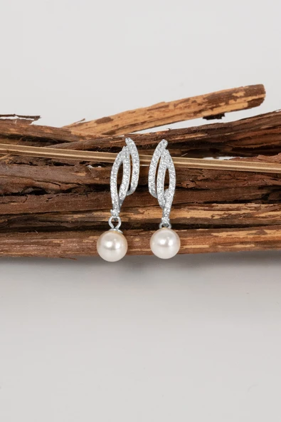 Gümüş rodyumlu zirkon taşlı sallantılı inci küpe SGTL13021RODAJ - Resim 4