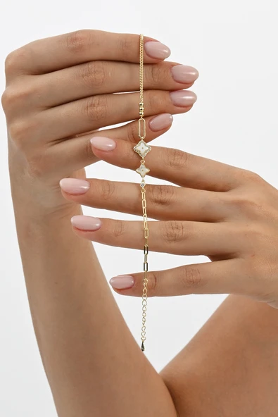 925 ayar gümüş altın yaldızlı ataç zincir detaylı ikili yonca gümüş bileklik SGTL13062GOLD ürün görseli 1