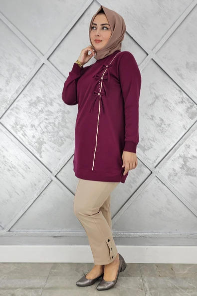 KADIN DÜĞME TAŞ DETAYLI BİYELİ TESETTÜR TUNİK - Resim 2