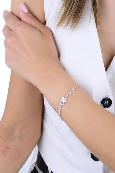 Gümüş rodyumlu sedef ve zirkon taşlı inci çiçeği bileklik SGTL12922RODAJ - Resim 2