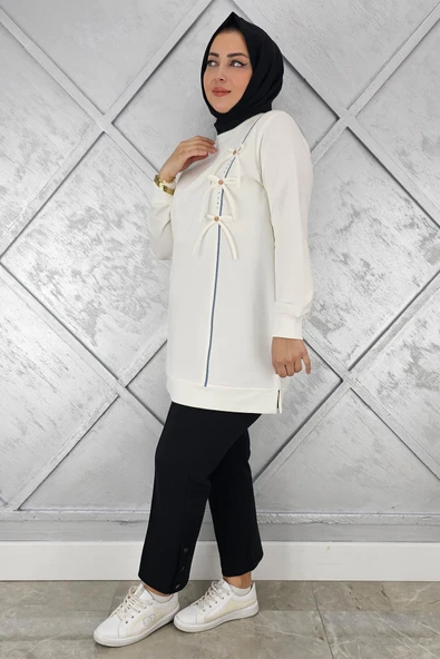 KADIN DÜĞME TAŞ DETAYLI BİYELİ TESETTÜR TUNİK - Resim 3