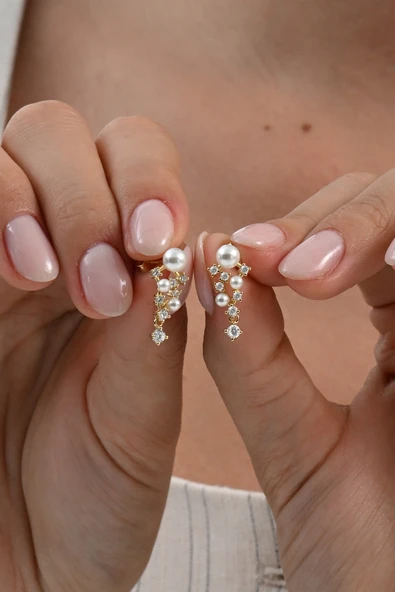 Gümüş altın yaldızlı zirkon taşlı incili salkım modeli küpe SGTL13026GOLD - Resim 2